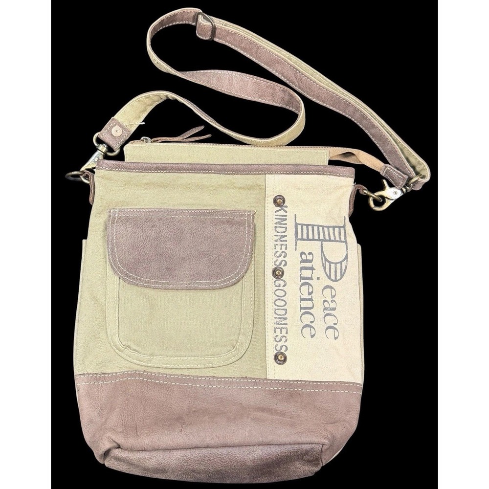 Clea Ray Peace Patience Recycled Canvas Faux Leather Crossbody Bag Military Boho